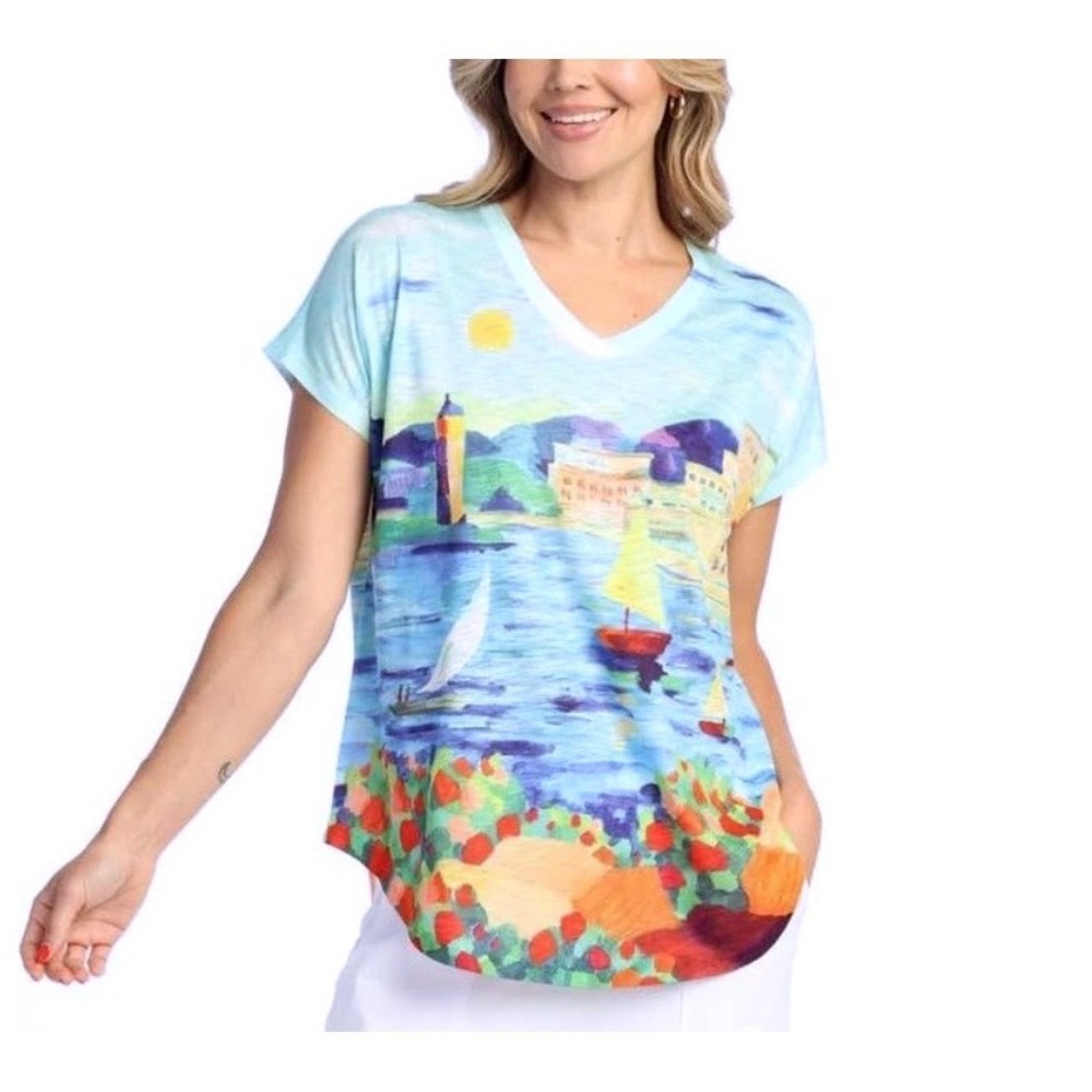 Jess & Jane V Neck  Shirt Women's Large Graphic Print Riviera Made in USA